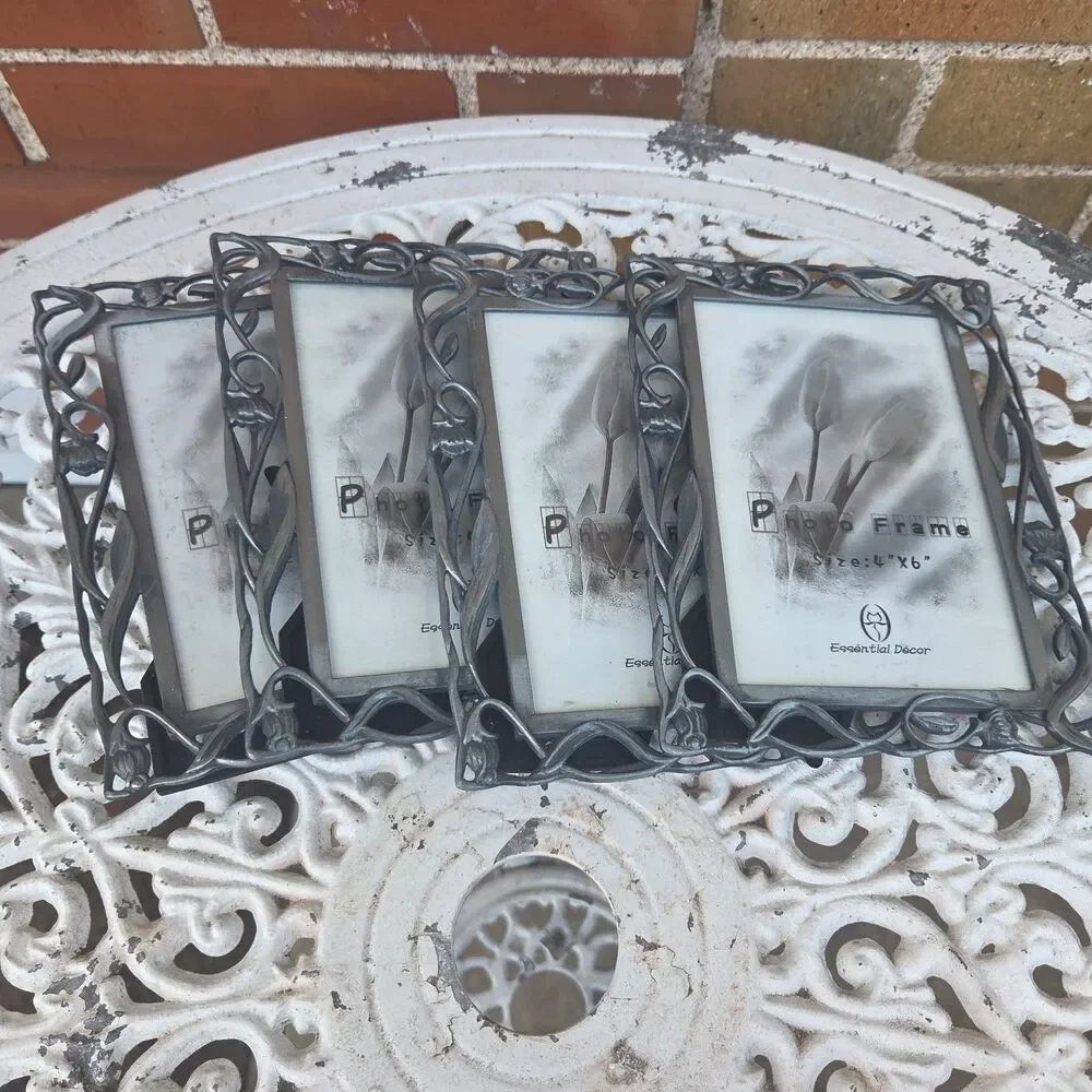 Set of 4 Essential Decor Metal Floral Vine 4x6 Picture Frames Pewter Tone